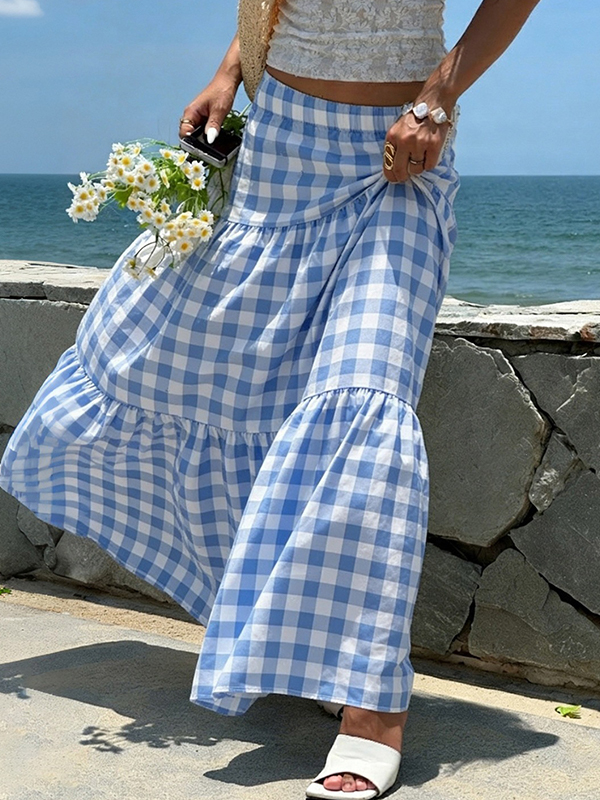 EMMIOL Holiday-Style Blue Check Maxi Skirt