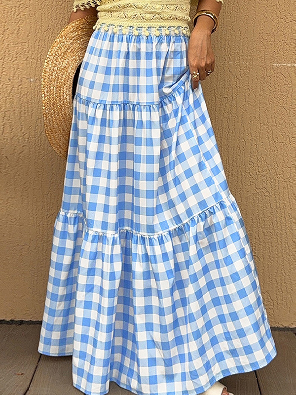 EMMIOL Holiday-Style Blue Check Maxi Skirt