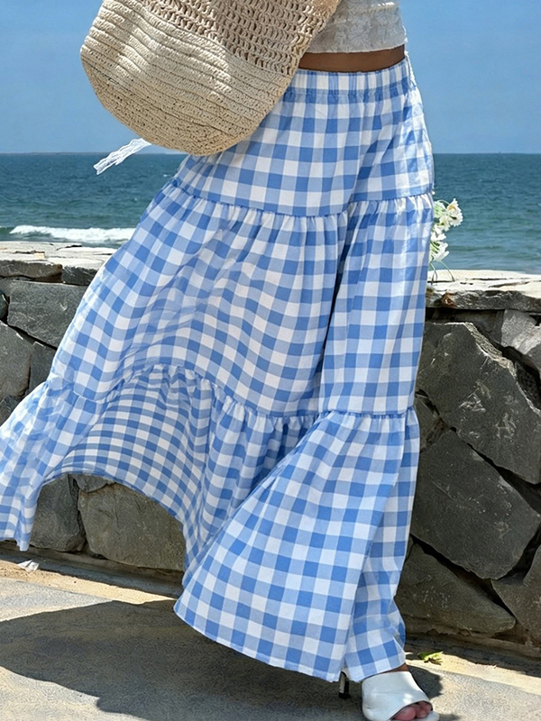 EMMIOL Holiday-Style Blue Check Maxi Skirt