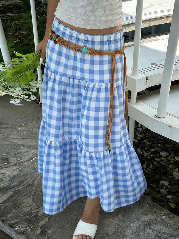 EMMIOL Holiday-Style Blue Check Maxi Skirt