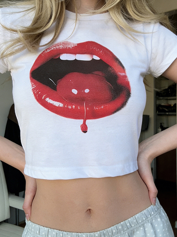 EMMIOL Cherry Print On The Lips Short Sleeve