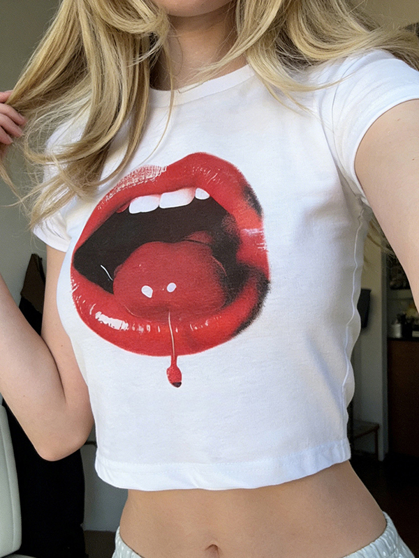 EMMIOL Cherry Print On The Lips Short Sleeve