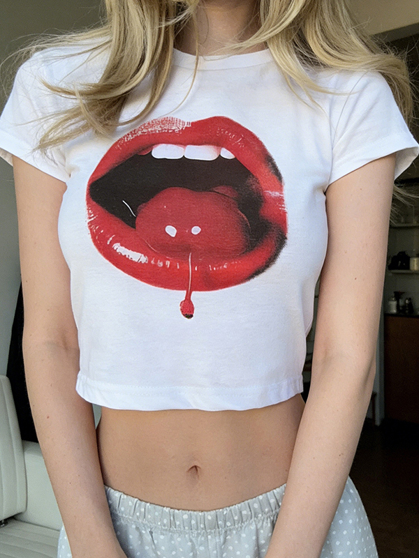 EMMIOL Cherry Print On The Lips Short Sleeve