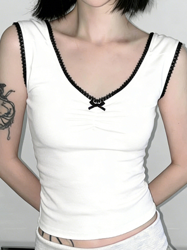 EMMIOL Lace-Edged Bow Tank Top