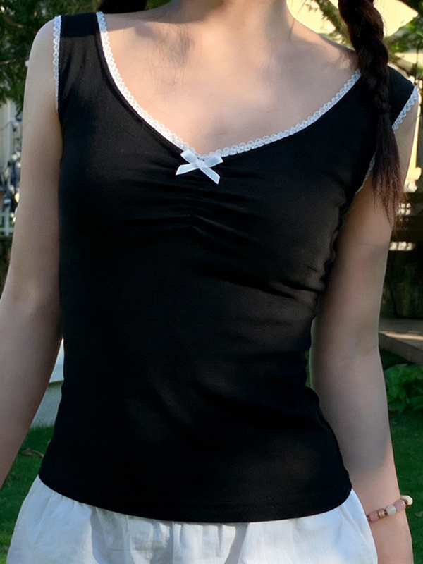 EMMIOL Lace-Edged Bow Tank Top