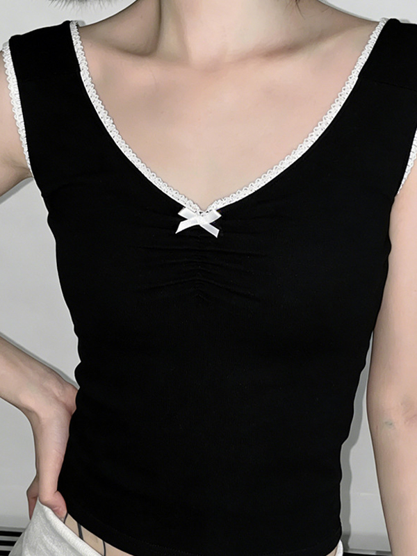 EMMIOL Lace-Edged Bow Tank Top
