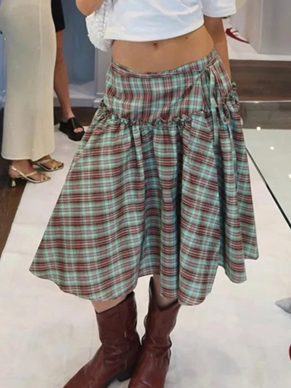 EMMIOL Sweet-Style Colour-Blocked Checks Maxi Skirt