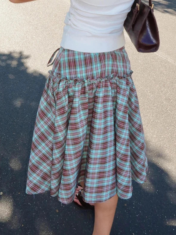 EMMIOL Sweet-Style Colour-Blocked Checks Maxi Skirt