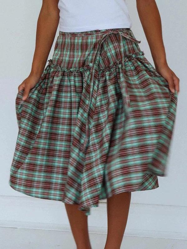 EMMIOL Sweet-Style Colour-Blocked Checks Maxi Skirt
