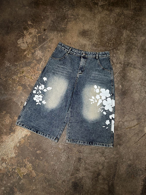 EMMIOL Retro Floral Print Denim Shorts