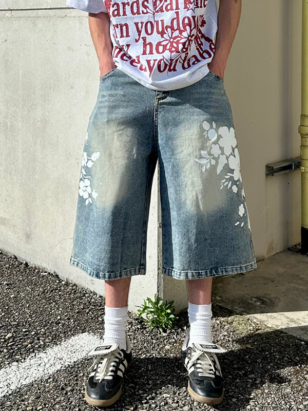 EMMIOL Retro Floral Print Denim Shorts