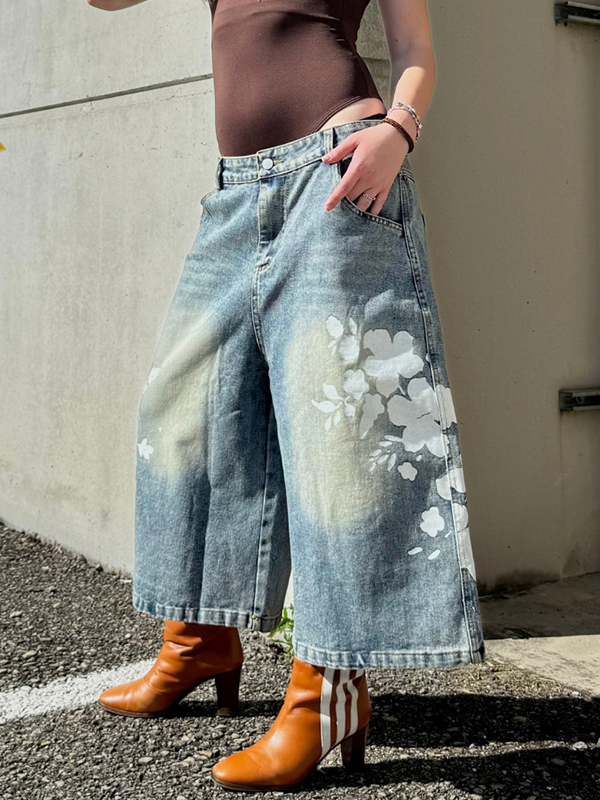 EMMIOL Retro Floral Print Denim Shorts