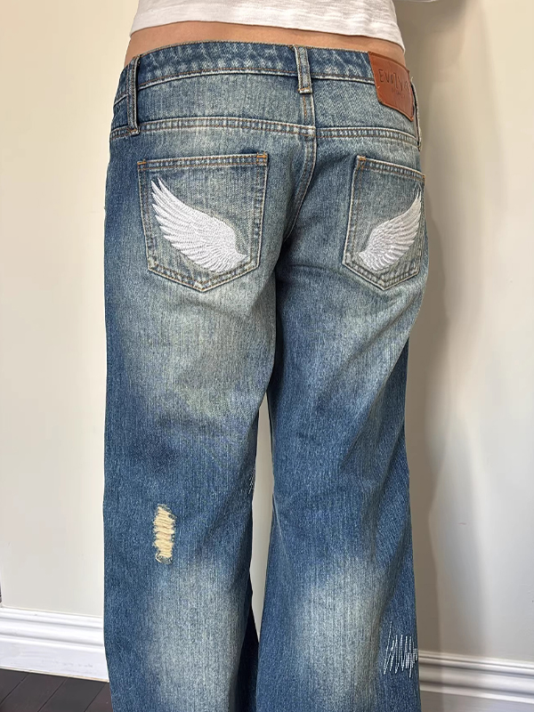 EMMIOL Vintage Angel Wings Boyfriend Jeans
