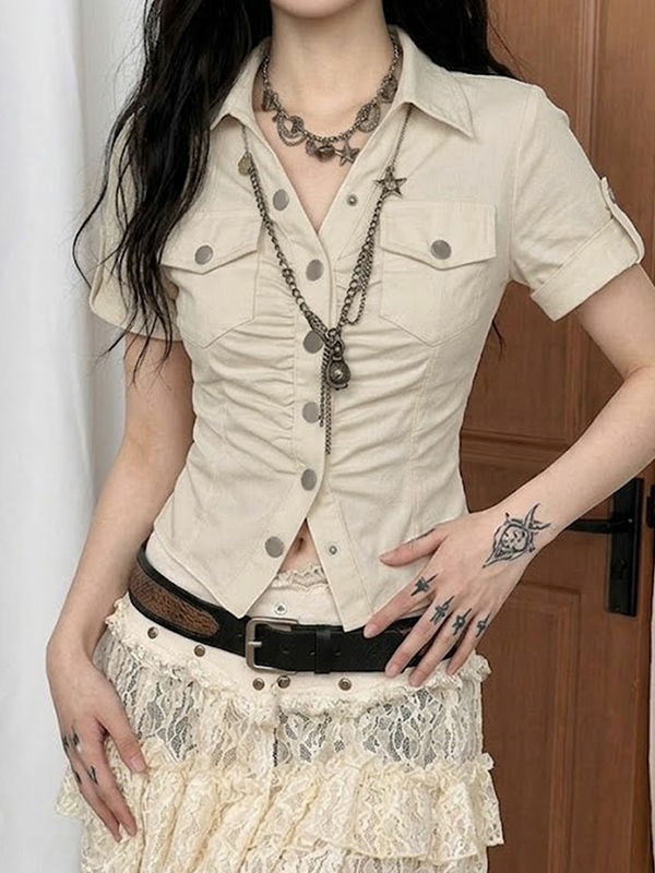 EMMIOL Camisa de manga corta con hebilla metálica estilo ropa de trabajo americana