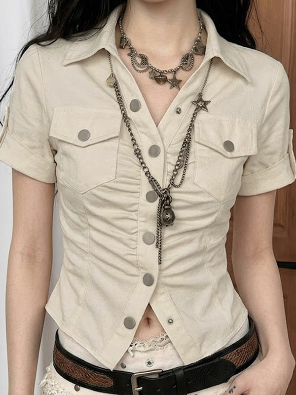 EMMIOL Camisa de manga corta con hebilla metálica estilo ropa de trabajo americana