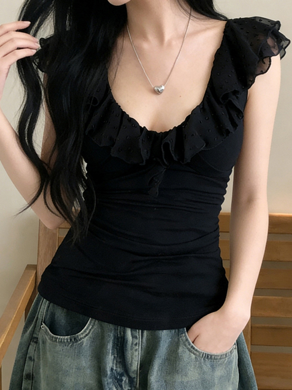 EMMIOL Camiseta negra de manga corta con volantes