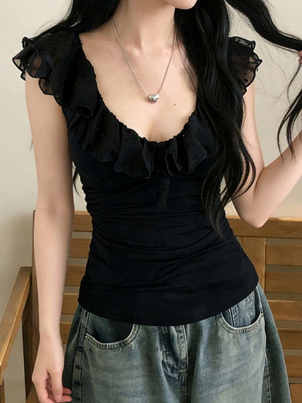 EMMIOL Camiseta negra de manga corta con volantes