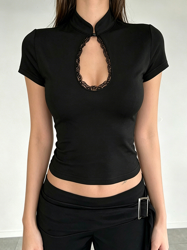 EMMIOL Top ajustado de manga corta con cuello caído