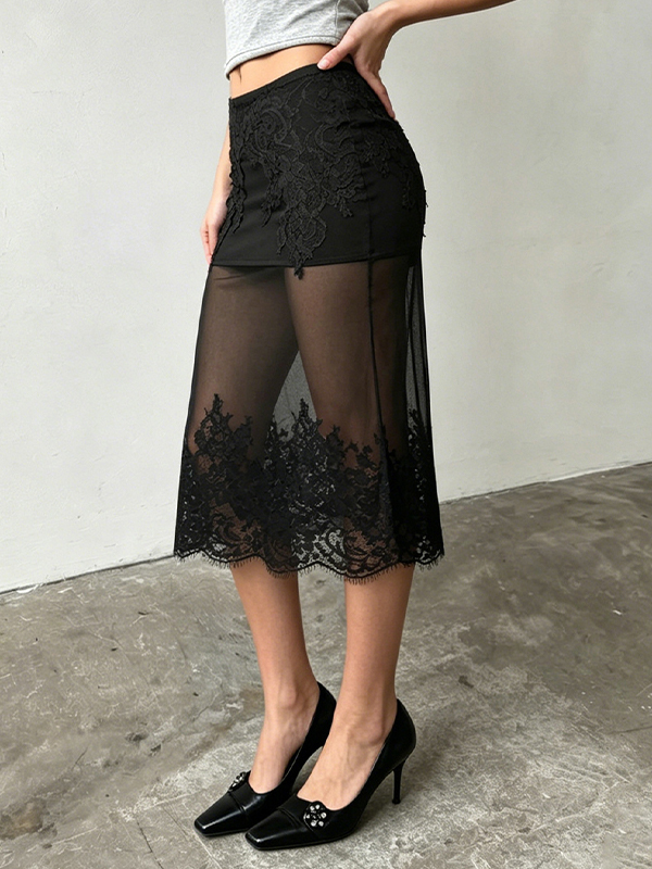EMMIOL Falda larga de tul transparente con encaje