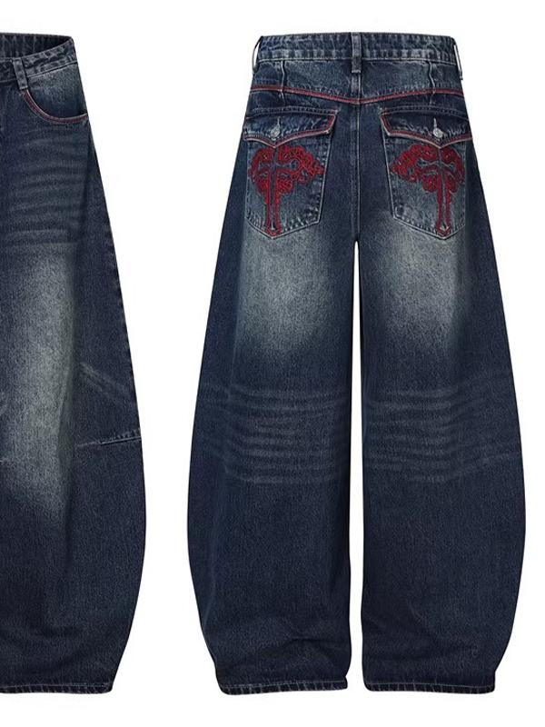 EMMIOL Jeans boyfriend vintage con bordado de hilo rojo