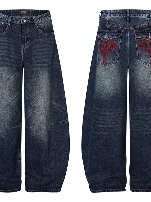 EMMIOL Jeans boyfriend vintage con bordado de hilo rojo