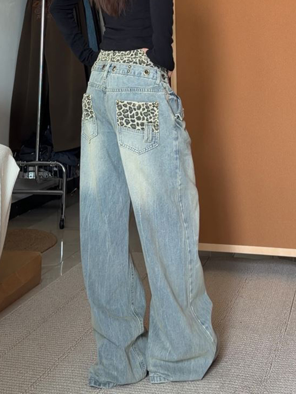 EMMIOL Jeans boyfriend con estampado de leopardo americano retro