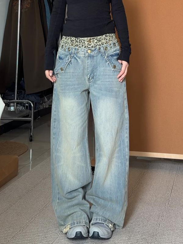 EMMIOL Jeans boyfriend con estampado de leopardo americano retro