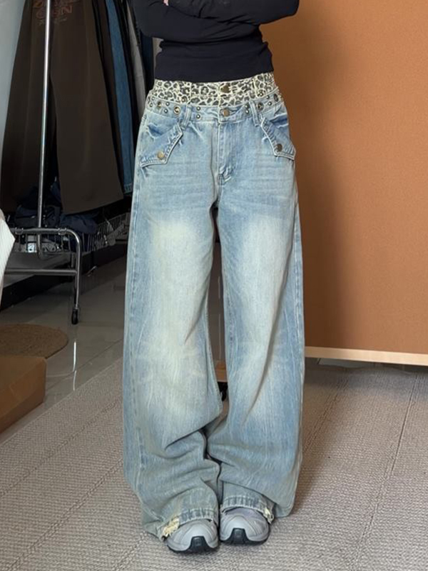 EMMIOL Jeans boyfriend con estampado de leopardo americano retro