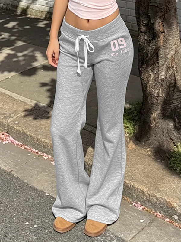 EMMIOL Pantalones sencillos de tiro bajo con cordón ajustable y pernera acampanada.