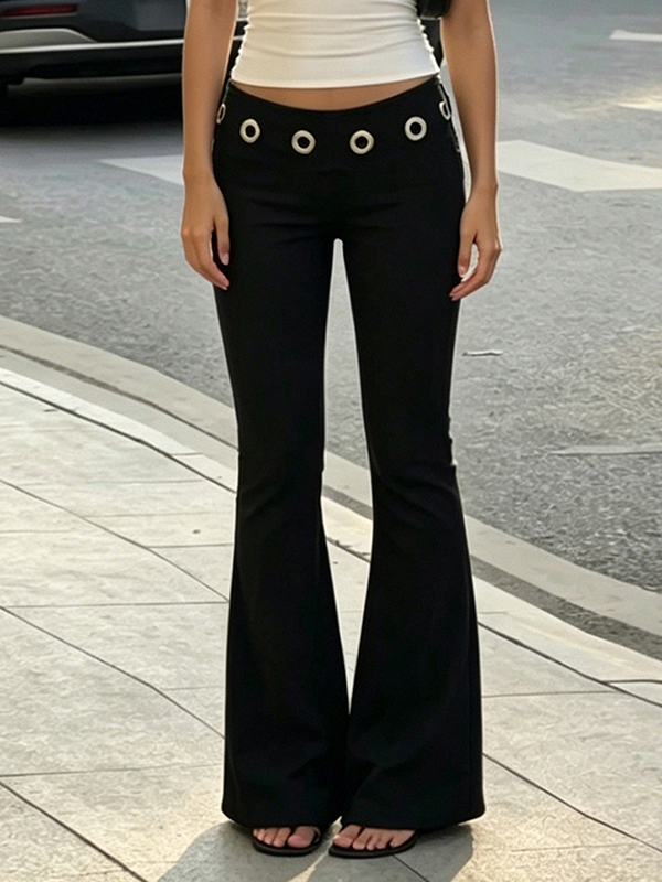 EMMIOL Pantalones de tiro bajo con ojales y pernera acampanada