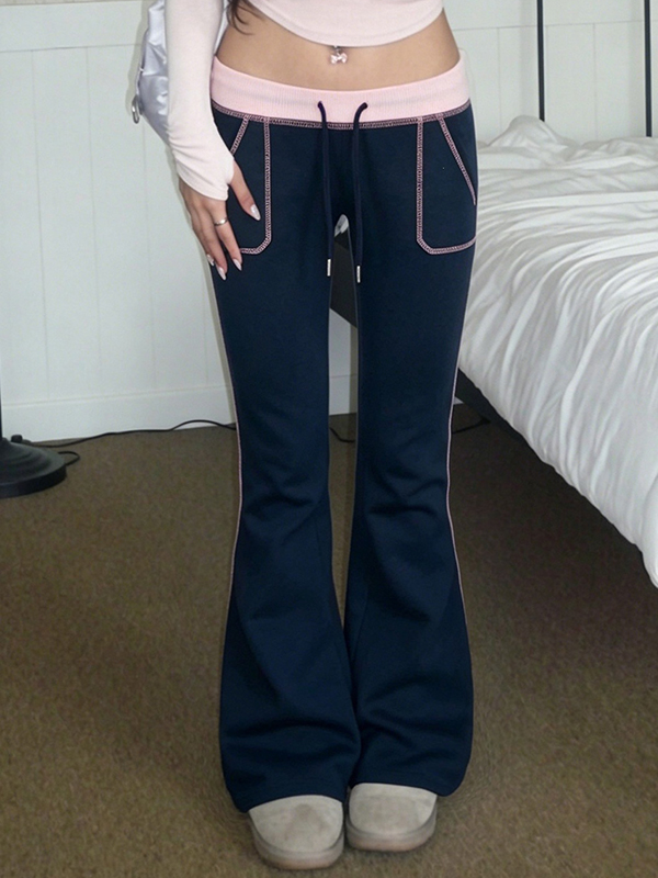 EMMIOL Pantalones de pierna acampanada con cordón ajustable y talle bajo