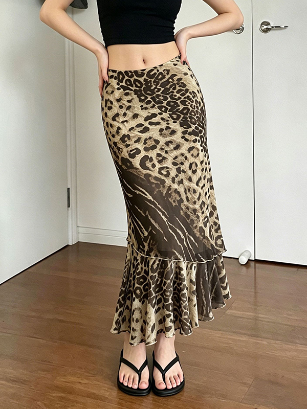 EMMIOL Gonna lunga aderente con patchwork a stampa leopardata