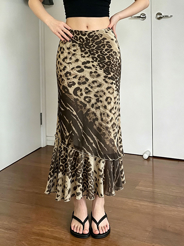 EMMIOL Gonna lunga aderente con patchwork a stampa leopardata