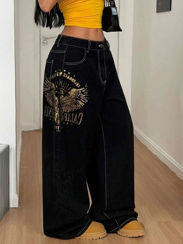 EMMIOL Pantalones vaqueros holgados con estampado de alas