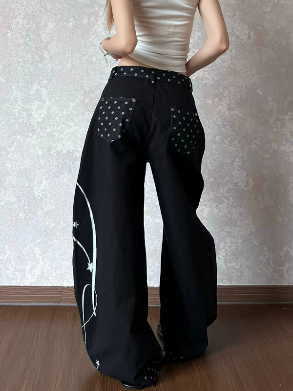 EMMIOL Vaqueros holgados con estampado de lunares perlados y patchwork