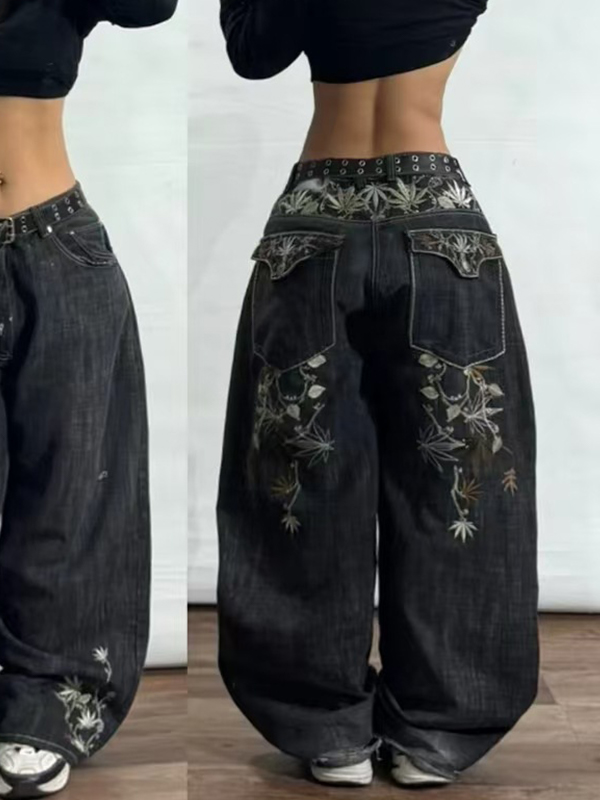 EMMIOL Pantalones vaqueros holgados con bordado de hoja de arce