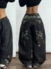 EMMIOL Pantalones vaqueros holgados con bordado de hoja de arce