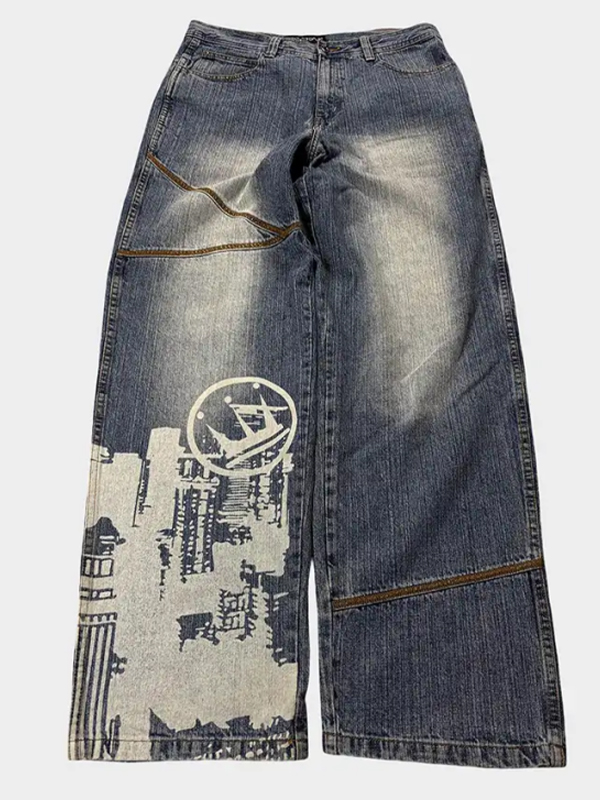 EMMIOL Vaqueros holgados con estampado asimétrico
