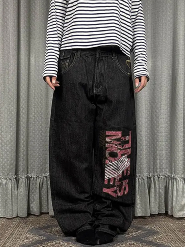EMMIOL Vaqueros holgados con estampado asimétrico