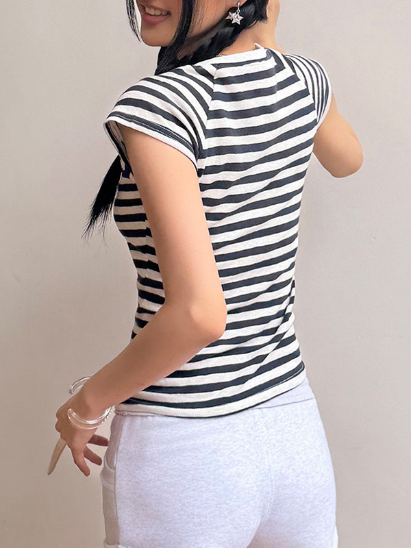 EMMIOL V-Neck Stripes Short Sleeve