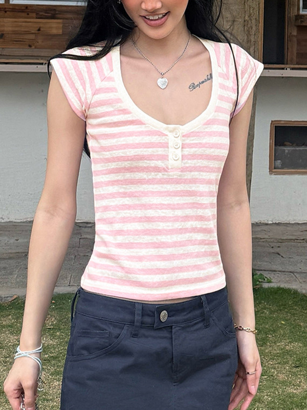 EMMIOL V-Neck Stripes Short Sleeve