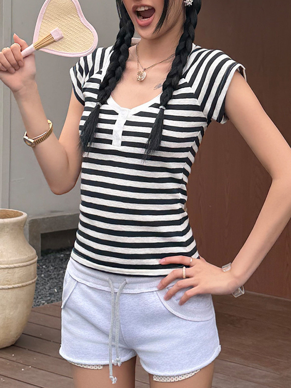 EMMIOL V-Neck Stripes Short Sleeve