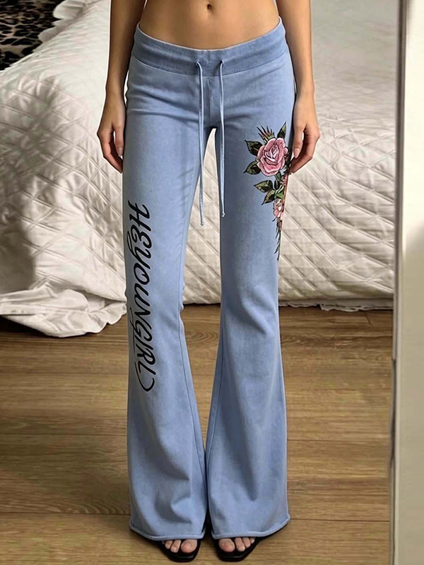 EMMIOL Pantalones acampanados con estampado floral y letras del alfabeto