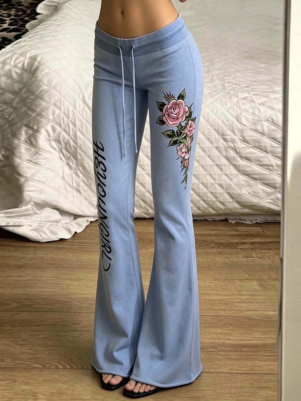 EMMIOL Pantalones acampanados con estampado floral y letras del alfabeto