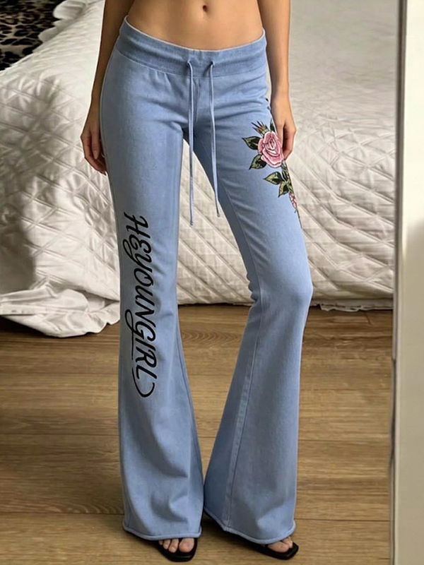 EMMIOL Pantalones acampanados con estampado floral y letras del alfabeto