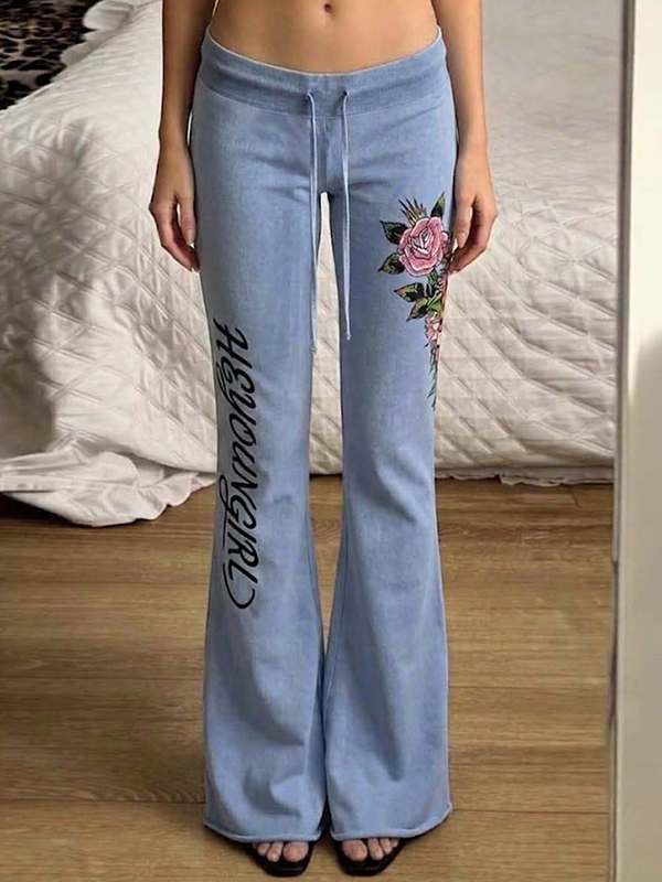 EMMIOL Pantalones acampanados con estampado floral y letras del alfabeto