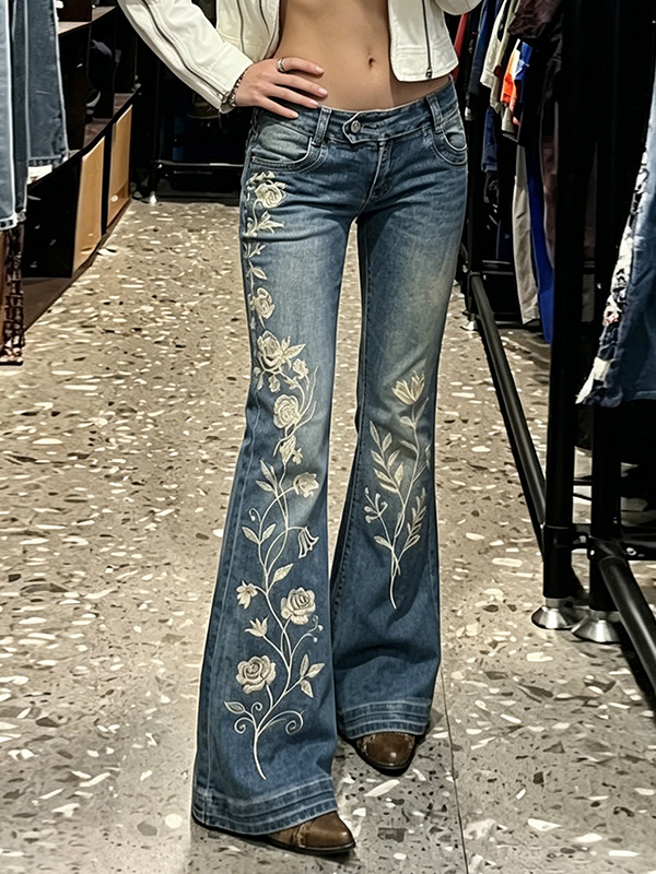 EMMIOL Pantalones vaqueros acampanados con bordado floral