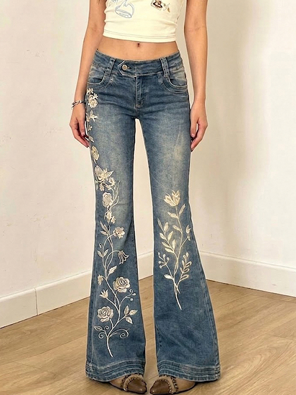 EMMIOL Pantalones vaqueros acampanados con bordado floral