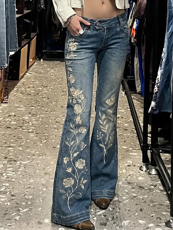 EMMIOL Pantalones vaqueros acampanados con bordado floral