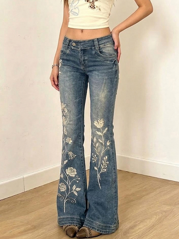 EMMIOL Pantalones vaqueros acampanados con bordado floral